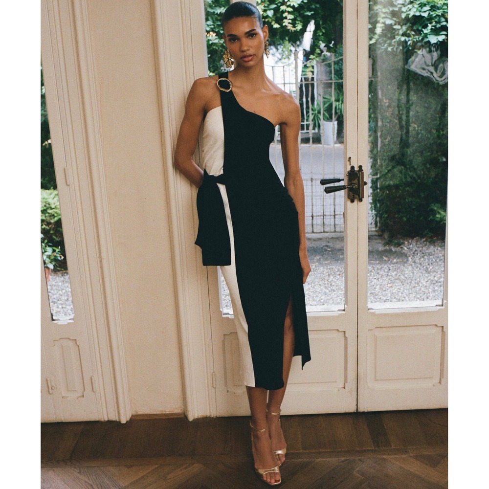 Zara One Shoulder Colorblock Midi Dress Black White Gold Ring 2298/155/064‎ M